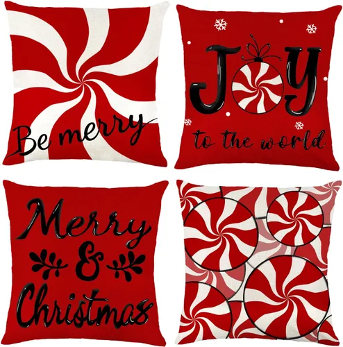 Vista 9 de Vellibring - Juego de 4 fundas de almohada de Navidad con diseño de caramelos, 45 x 45 cm, rojo y blanco, fundas de almohada para sofá, decoración