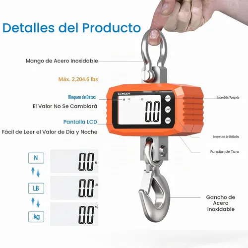 Vista 5 de Báscula digital de grúa y báscula colgante de 2,204.6 lbs - Mango de acero inoxidable de aluminio Multiuso para gimnasio, caza, viajes