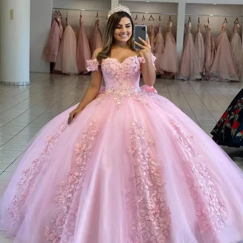 Vista 4 de Loyeloy Vestidos de quinceañera con hombros descubiertos para niñas, vestidos de fiesta hinchados con flores 3D para adolescentes, vestidos