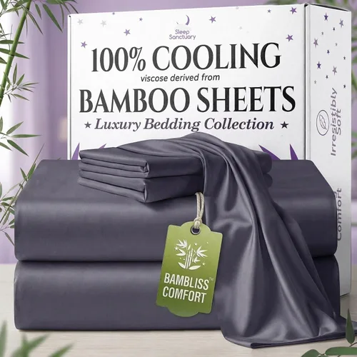Vista 32 de SLEEP SANCTUARY - Juego de sábanas 100% viscosa derivada de bambú tamaño individual 4 piezas – Sábanas de lujo BamBliss de enfriamiento