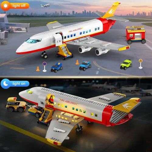 Vista 6 de HOGOKIDS Juego de construcción de avión urbano de 2 estilos con luz LED, bloques de construcción de aviones, interruptor de carga de pasajeros