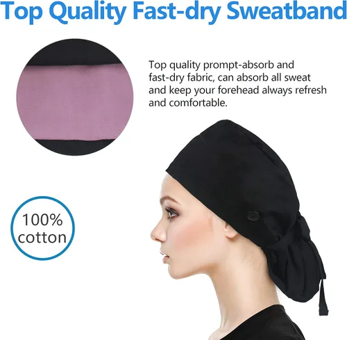 Vista 4 de QBA Gorra de trabajo ajustable con botón, gorro forrado de satén, gorro de trabajo de algodón, banda elástica para atar en la espalda, unisex