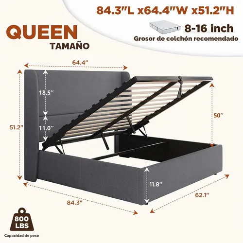 Vista 2 de PaPaJet Cama de Almacenamiento con Elevación Tamaño Queen, Marco de Cama Plataforma Tapizada con Almacenamiento Hidráulico/Cabecera Moderna Gris