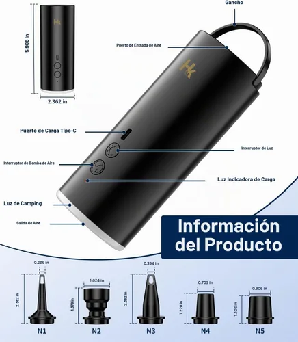 Vista 7 de HK Bomba de aire para inflables, bomba de colchón de aire recargable de 4500 mAh con luz de campamento, mini bomba de aire eléctrica para inflar