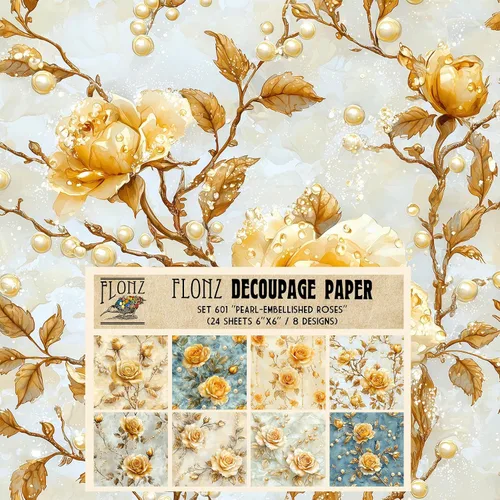 Vista 5 de Decoupage - Paquete de papel (24 hojas de 6 x 6 pulgadas), rosas doradas: delicadas rosas doradas y perlas que adornan un lienzo azul medianoche