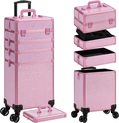 Vista 11 de AROUS Estuche de Maquillaje Rodante 5 en 1, Estuche de Cosmetología con Ruedas, Organizador de Cosméticos Grande, Carro de Viaje para Peluquero