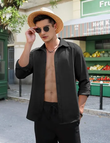Vista 3 de COOFANDY Camisas casuales de lino de manga larga con botones para hombre
