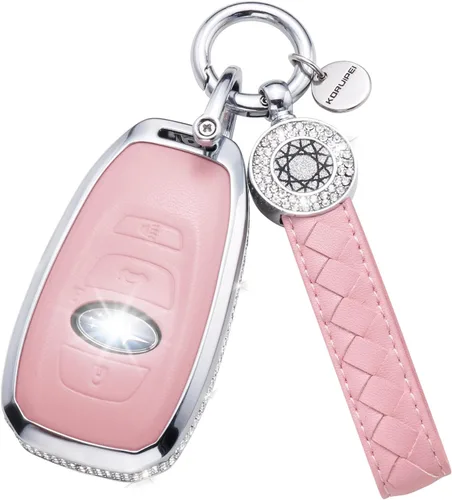Vista 21 de Funda para llave inteligente con llavero, de piel auténtica color rosa, con cristales, carcasa protectora
