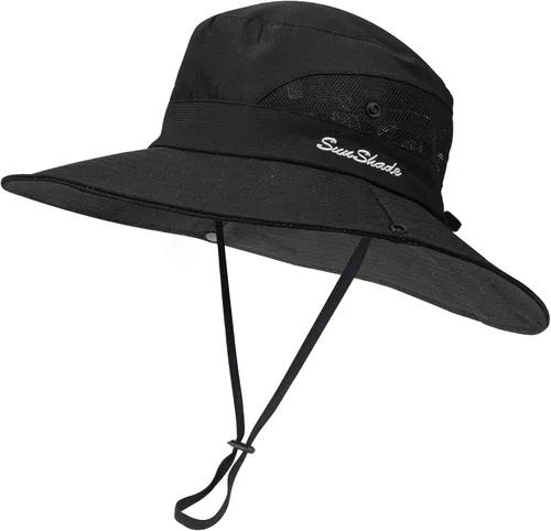 Vista 48 de Sombrero de pesca de playa de ala ancha para mujer, con protección UV, plegable, con agujero para cola de caballo