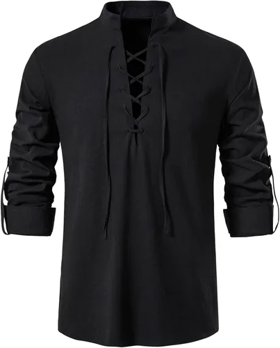 Vista 2 de LucMatton - Camisas de manga larga de estilo retro de algodón 100% para hombres de estilo medieval, vikingo o hippie
