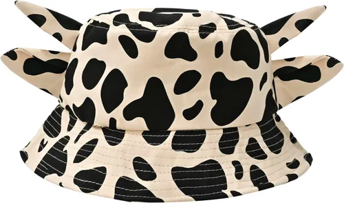 Vista 14 de Sombrero de pescador con estampado de vaca con orejas de cuerno lindas con estampado de vaca, sombrero de sol de playa de verano, sombrero