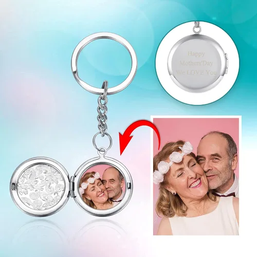 Vista 3 de Jovivi Llavero de fotos personalizado a todo color, grabado con texto impreso, acero inoxidable, memoria, medallón, regalo, plateado