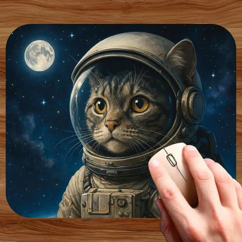 Vista 3 de Alfombrilla de mouse divertida con temática de gato en el espacio exterior, alfombrilla de mouse para escritorio, computadora, laptop, PC