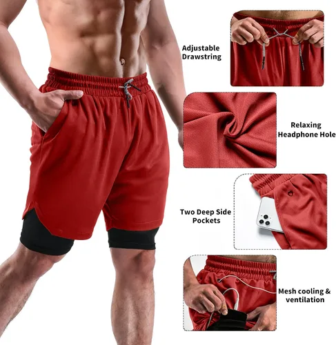 Vista 4 de FIONECA 2 in 1 Mens Shorts Casual 2 Pack, Running Gym Shorts for Men 7 Inch, Workout Shorts Men with Pockets &Towel Loop