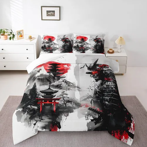 Vista 6 de Feelyou Samurai - Juego de ropa de cama japonesa para niños y niñas, juego de edredón de monte Fuji con 2 fundas de almohada, 3 piezas