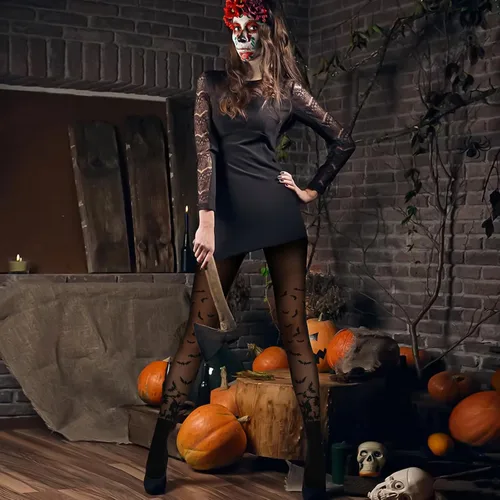 Vista 3 de MANZI Medias de Halloween para mujer, a rayas, con estampado de murciélagos y nailon Mallas con estampado de murciélagos