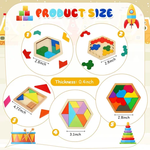 Vista 4 de Paquete de 5 rompecabezas de madera Tangram para niños, rompecabezas hexagonal de madera, rompecabezas de bloques de formas geométricas