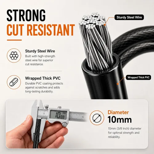 Vista 2 de Cable de seguridad para bicicleta con bucles, cable de bloqueo resistente de 3/8 pulgadas (0.394 in), cadena de seguridad de acero recubierto