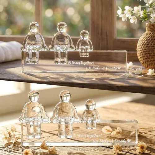 Vista 8 de Ornalrist Regalos de boda de cristal para el 15º aniversario para ella y él, 15 años juntos hicimos un adorno de cristal familiar para esposa, 1 niño