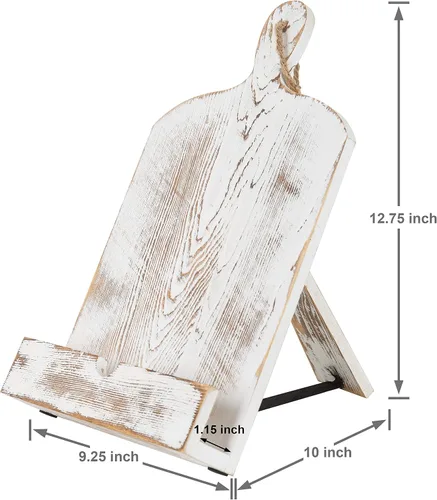 Vista 5 de MyGift Soporte para libro de recetas, soporte de libro de cocina estilo tabla de cortar de madera encalada, soportes de libro de madera para blanco