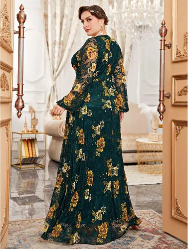 Vista 3 de TOLEEN Vestido de talla grande para mujer, con cuello en V, bordado de rosa, elegante, formal, maxi vestidos