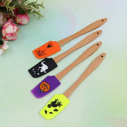 Vista 8 de Hemoton 4 piezas de espátula de silicona con mango de madera de Halloween, utensilios de cocina para hornear para panadería casera