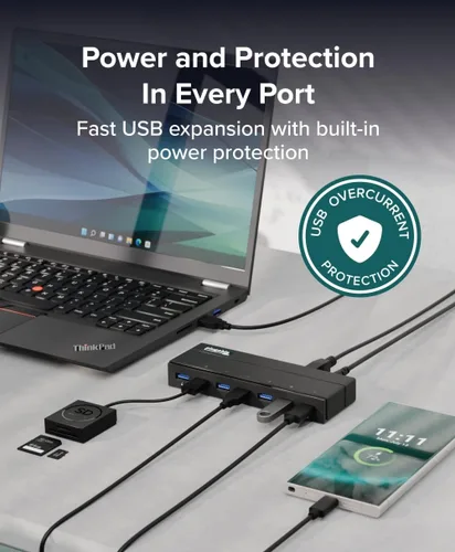 Vista 3 de Plugable Concentrador USB 3.0 de 7 puertos con adaptador de corriente de 36 W - Sin controlador - Conecta dispositivos y transfiere datos sin
