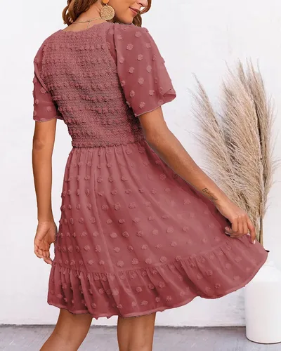 Vista 4 de BTFBM - Vestido casual de manga corta con cuello en V para mujer con lunares suizos dobladillo con volantes vestidos cortos de playa para el verano