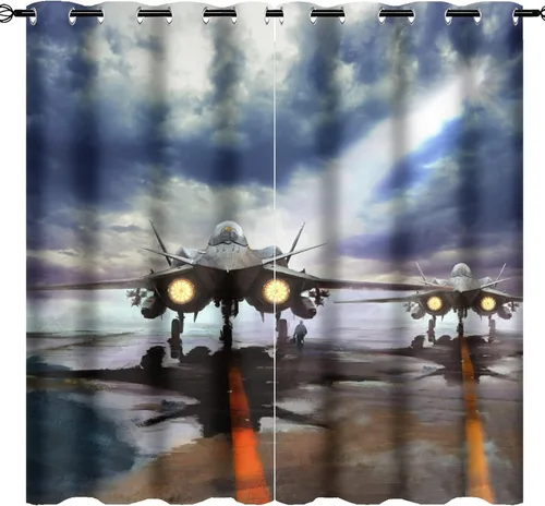 Vista 15 de Cortinas opacas con diseño de avión para dormitorio, hermoso estampado de combatientes de puesta de sol, con ojales, aislamiento térmico, cortinas
