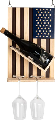Vista 5 de The Wine Savant Estante para vinos montado en la pared con la bandera estadounidense, hermoso soporte para botellas y vino y 2 vasos patrióticos