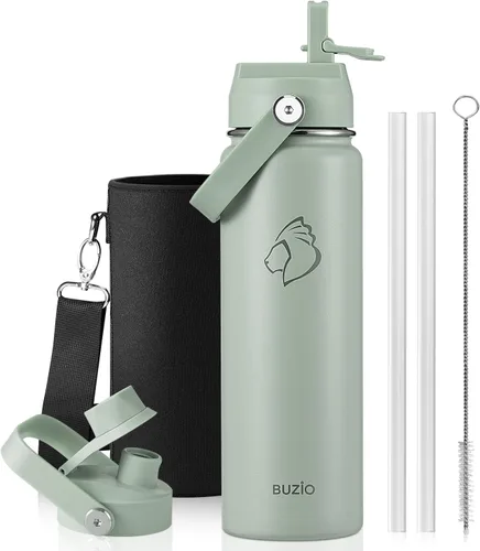 Vista 35 de BUZIO Botella de agua aislada de 24 oz, frasco de agua de boca ancha de acero inoxidable con tapa de pajita, frío durante 48 horas a prueba de Negro