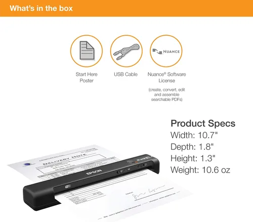 Vista 8 de Epson Workforce ES-65WR Escáner de documentos inalámbrico portátil alimentado con hojas con funciones de contabilidad premium para PC y Mac