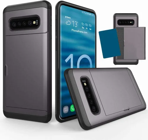 Vista 8 de Funda para Galaxy S10 Plus, ultrafina, a prueba de golpes, parte trasera dura, de silicona de doble capa, protector para tarjetas de crédito, ranura