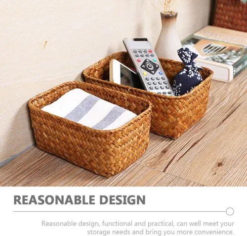 Vista 5 de Cestas de almacenamiento de pastos marinos para decoración del hogar, cesta rectangular de mimbre para almacenamiento de aperitivos, cestas tejidas