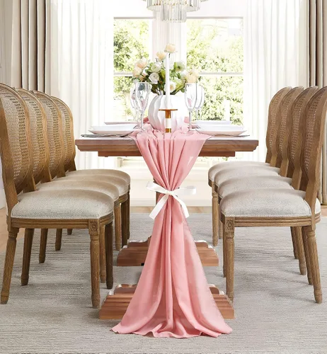 Vista 4 de WARM HOME DESIGNS Camino de mesa beige de 35 x 156 pulgadas para decoración de mesa de boda. Camino de mesa de gasa premium para decoración rústica