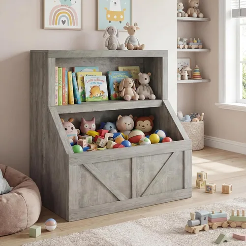 Vista 8 de IDEALHOUSE Estantería para niños, almacenamiento de juguetes, armario de madera para niños pequeños con organizador de almacenamiento, cubos grandes