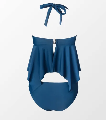 Vista 5 de CUPSHE Conjunto de tankini halter para mujer bikini con volantes laterales espalda con capucha cuello redondo traje de baño de dos piezas