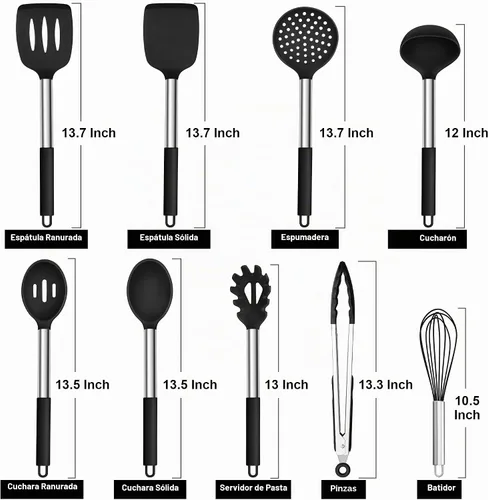 Vista 2 de HaWare - Juego de utensilios de cocina de silicona, 9 piezas, color negro