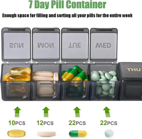 Vista 4 de Paquete de 2 organizadores semanales de píldoras, estuche grande de 7 días, caja de medicina diaria de vitaminas, recipientes de píldoras AM/PM