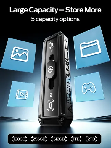 Vista 7 de MOVE SPEED Unidad USB 128GB SSD externo 520MB/s Velocidad de lectura, USB 3.2+USB C Dual Puertos Unidad Externa, SSD Portátil 3-Stage Push-Pull