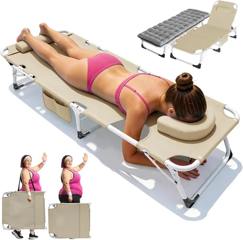 Vista 15 de ABORON - Silla de bronceado 3 en 1 extragrande con tapete y reposabrazos, tumbonas plegables resistentes, 5 posiciones para exteriores, para playa