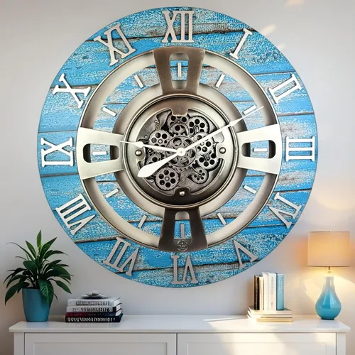 Vista 9 de ImprovingLife The Gears Reloj de pared con engranajes móviles reales línea Inglaterra (Verde Aguamarina, 24 pulgadas (60 cm))