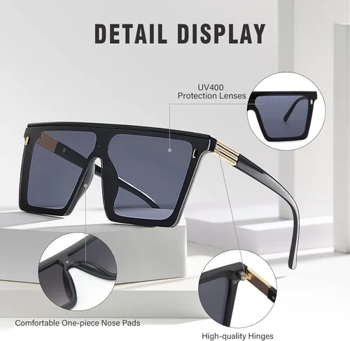 Vista 4 de Dollger Square Oversized Sunglasses for Women Men Trendy Flat Top Big Black Shades UV400 Sunnies