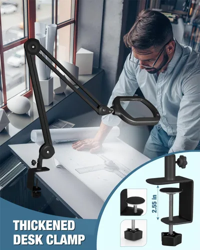 Vista 5 de Lupa 10X con luz y soporte, lámpara de pie rectangular grande con lente de vidrio óptico con base rodante de 5 ruedas, 5 modos de color LED