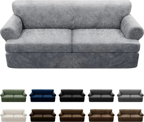 Vista 133 de Fundas para Sillón de 2 Piezas con Cojín en T, Fundas de Aspecto de Cuero para Sofá, Fundas para Sillas, Protector de Muebles Elástico, Funda
