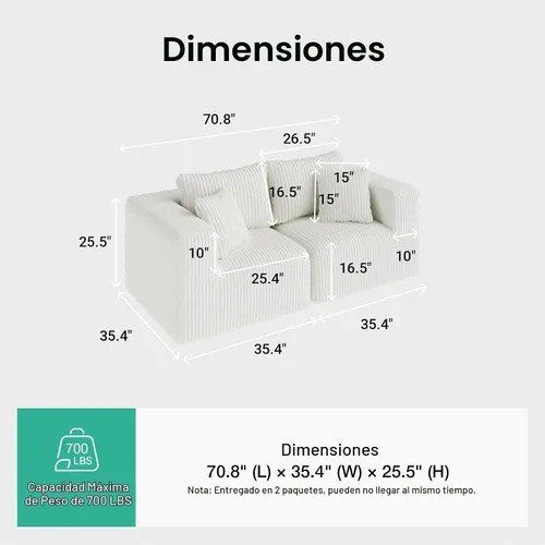Vista 2 de Novilla - Sofá biplaza modular de 70.8 pulgadas, sofá modular de espacio pequeño, moderno sofá de nube con soporte Smarts Coil®, sofá seccional sin