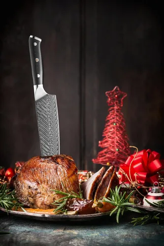 Vista 5 de Cuchillo Santoku de 7 pulgadas, cuchillos japoneses AUS-10 de cocina de acero Damasco con diseño de mango ergonómico