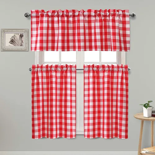 Vista 9 de Hiasan - Juego de cortinas semitraslúcidas a cuadros con cenefa y paneles de cocina, filtro de luz Buffalo a cuadros, color aguamarina y blanco