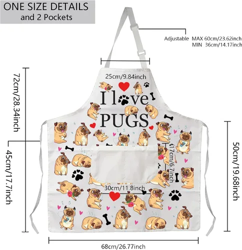 Vista 2 de Delantales para perros de pug, regalos para amantes de los pug, delantal de cocina con bolsillos, delantal de cocina I Love Pugs, regalos