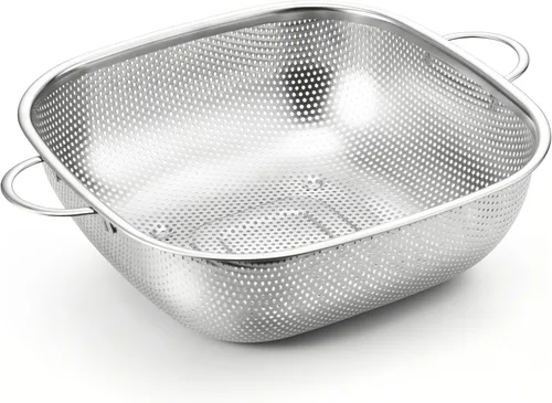 Vista 9 de E-far Paquete de 3 coladores para cocina, colador cuadrado de metal de acero inoxidable con asa para drenar alimentos, pasta, verduras
